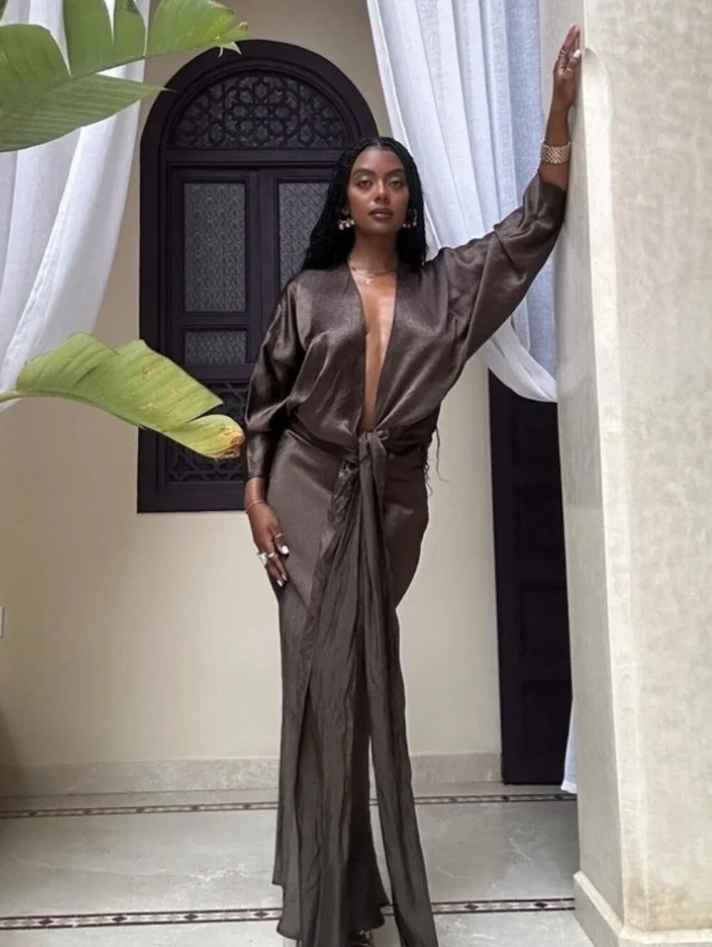 Zara NWT satin effect maxi dress brown Size L - Picture 1 of 15